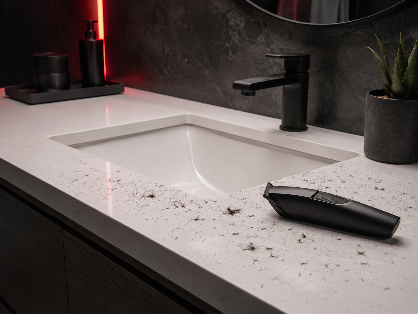 Bathroom counter covered with beard trimmings before using BroCode™