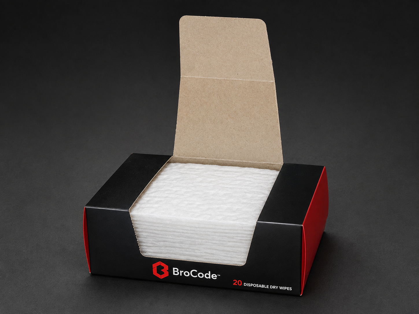 Open BroCode™ box showing the stack of wipes inside